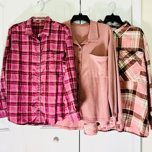 Set of 3: Pretty Pink Oversized Flannel Shirts (XL) Excellent Condition - Picture 1 of 7
